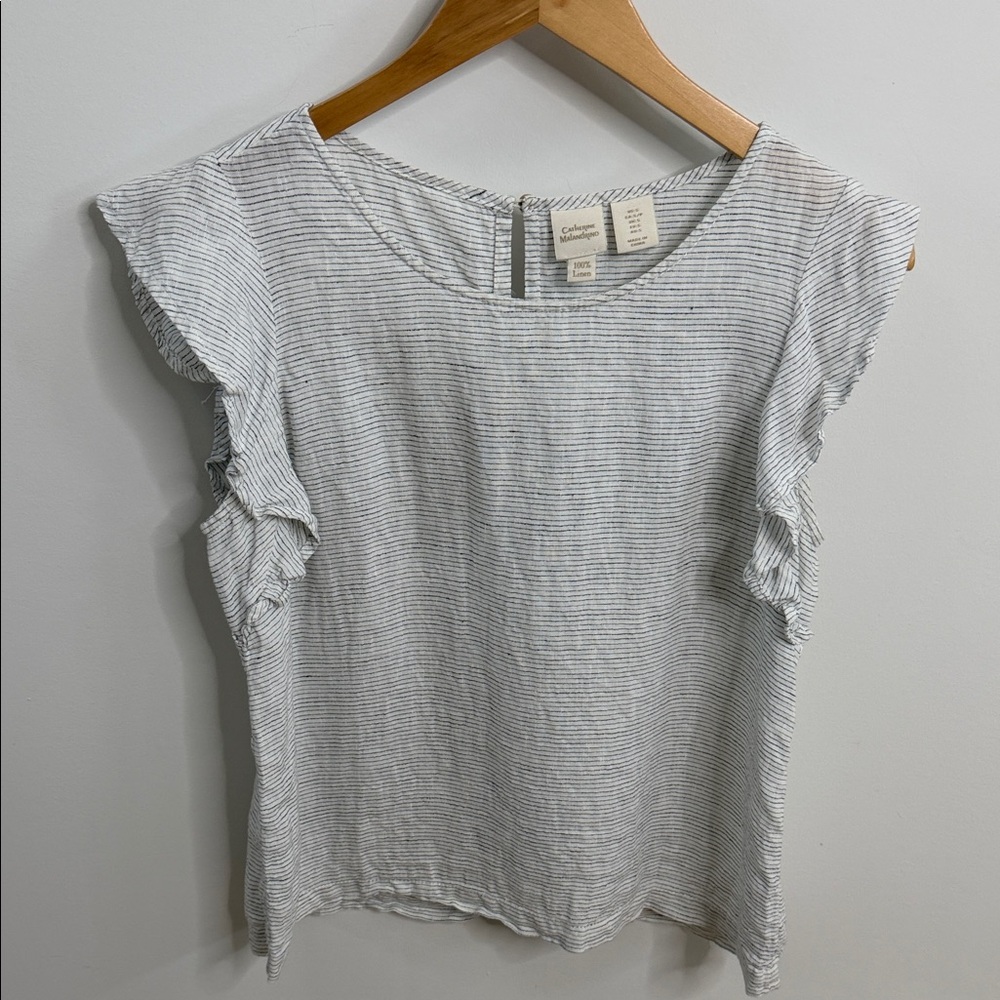 Catherine Malandrino White Striped Short Sleeve Ruffle Tee